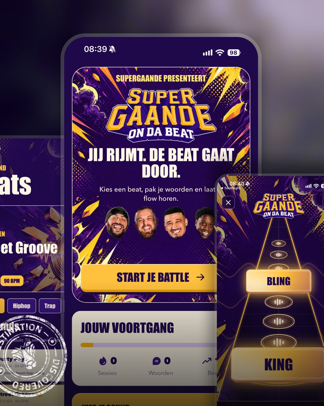 On Da Beat: het startscherm van de iOS-app met "Jij rijmt. De beat gaat door." en ernaast een ritmebaan met de woorden BLING en KING