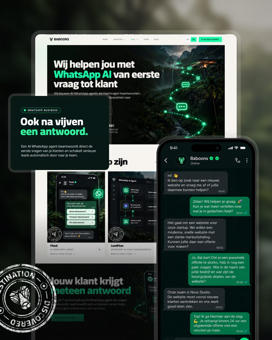 Baboons WhatsApp AI-agent: de pagina over de agent op een laptop en een telefoon met een WhatsApp-gesprek waarin de agent een klantvraag beantwoordt