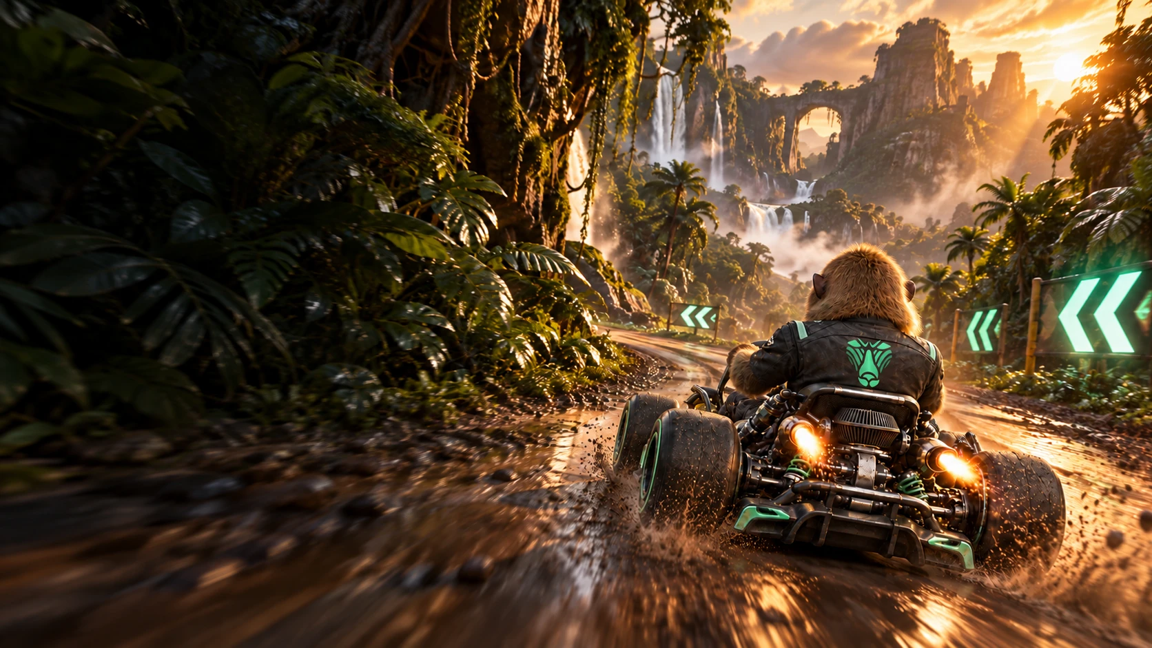 A realistic brown baboon in a graphite and mint kart races through a sunlit tropical mountain jungle